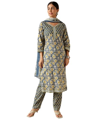 Image of Vbuyz Women'S Floral Print Straight Cotton Blue Stitched Kurta, Pant And Dupatta | Women's Kurta Suit Set l Kurta with Pant Set