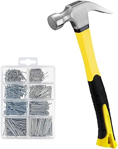 KURUI 16 oz Hammer & 560PCs Hardware Nail Assortment Kit,Claw Hammer Set with Anti-Slip Handle, Anti-Corrosive Galvanized 280 Picture Hanging Nails & 280 Finishing Nails for Household and DIY