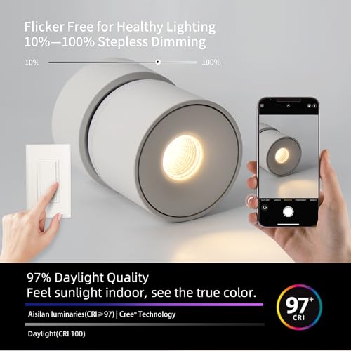 Image of Aisilan 7W Dimmable LED Ceiling Spotlight, Adjustable Directional Surface Flush Mount Lighting, Wall Spot Lights Indoor Accent Fixture Fitting for Kitchen Bedroom Living Room, 3000K, White