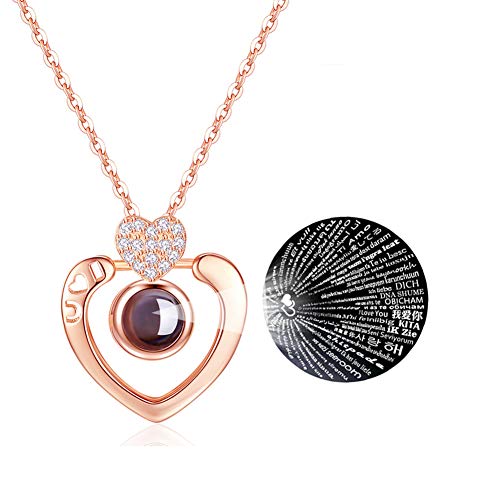 I Love You Necklace 100 languages for Her Girlfriend Mom Rose Gold Antler Dear Elk Memory Projection Necklace in Different Ways Mother's Day Birthday Gift For Daughter Wife Box (Rose Gold -2 Heart)