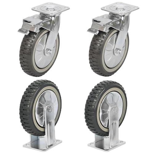 uyoyous 8 Inch Solid Caster Wheels Set of 4, Heavy Duty Non-Slip Swivel Castors with Brake, 1760 lbs Industrial Plate Casters for Trolley Workbench (2 Swivel & 2 Fixed)
