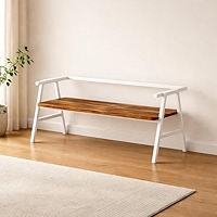 BUZZ CRAFTED Modern Solid Wood Bench with White Metal Frame