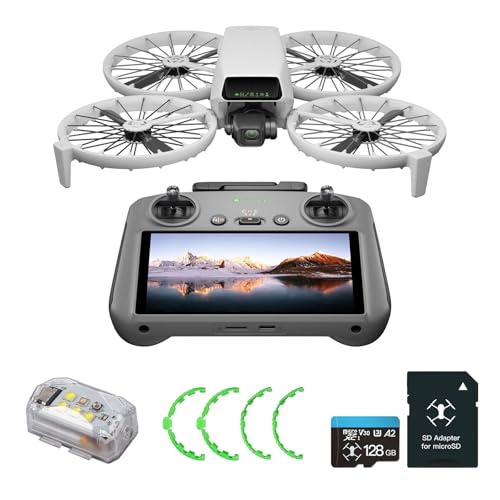 DJI Flip With RC 2 Screen Remote controller, Bundle with 128GB Micro SD Card& Propeller Guard Ring& Strobe Light - Drone With 4K UHD Camera for Adults, Under 249g, Palm Takeoff, 31-Min Flight Time