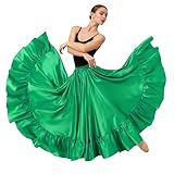 Satin Belly Dance Skirt for Women Maxi Midi Dress Circle Skirt Elastic Waist Stage Performance Cosplay Holiday Party, Green, One Size Long