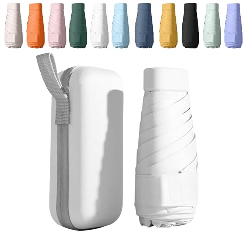 Mini Paraguas Plegable, Paraguas Pequeño de Bolsillo con Protección UV 50+ y Antiviento | 6 Costillas Reforzadas | Incluye Estuche Compacto | Portátil para Viaje, Sol y Lluvia | Unisex (Blanco)