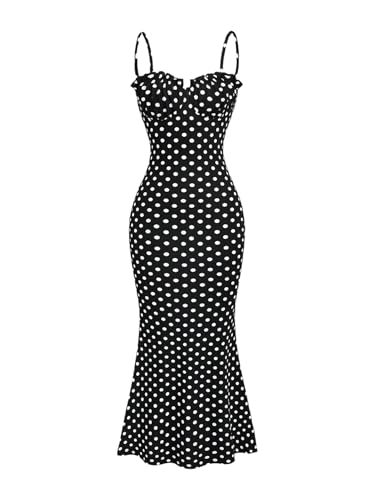 SOLY HUX Women's Vintage Long Dresses Polka Dots Sleeveless Fishtail Elegant Cocktail Wedding Guest Sundress