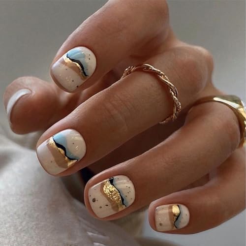 Goiern 24 piezas White Press on Nails Short Square - Bonitos clavos falsos para decoración de uñas postizas con diseño de purpurina dorada de arena rápida para mujeres