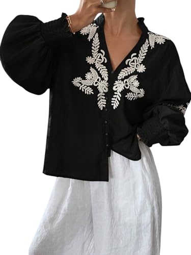 Women's Embroidered Puff Sleeve Blouse, Vintage Floral Boho V-Neck Button Down Shirts with Smocked Cuffs
