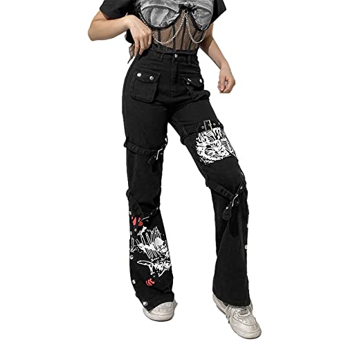 Women Y2K High Waisted Jeans Gothic Baggy Gothic Cargo Jeans Wide Straight Leg Punk Denim Pants Loose Trousers Streetwear (As1, Alpha, L, Regular, Regular, Black, L) #TOP2