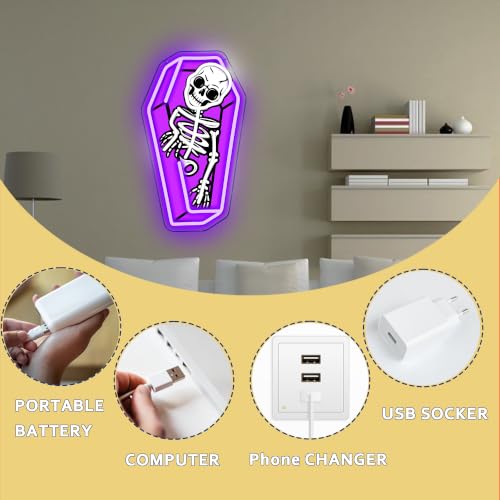 Image of Halloween Coffin Skeleton Neon Sign Spooky Skeleton Neon Light LED Macabre Room Decor Sign USB Powered, for Halloween Party Haunted House Tattoo Shop Creepy Spooky Room(16.1 * 9.4 In)