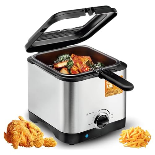 WFUAHA Freidora De Grasa Profunda Eléctrica De 2.5L, Freidora Profunda Eléctrica De 1000 W con Cestas De Frito, 130-190 ℃ Ajuste De Temperatura, Antiadherente, Freidora De Aceite De Acero Inoxidable