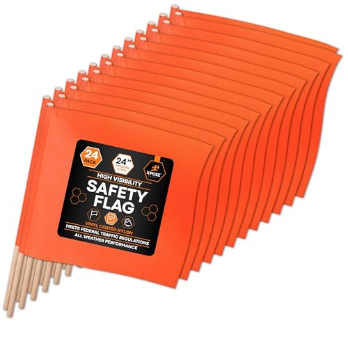 Image of Xpose Safety Orange Vinyl Safety Flags 18 inch x 18 inch with 24 inch Wooden Staff, 24 Pack - High Visibility Warning Flags for Road Crews, Highway Work, Parking Lots & Emergency Response