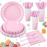 Xiangqu 175 Pcs Pink Paper Plates and Napkins, Easter Plates Light Pink Party Supplies Include Scalloped Plate Napkins Cups Plastic Spoons Forks Knives for Baby Shower, Wedding, Birthday