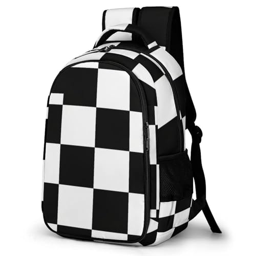 Unisex Backpack with Side Pockets, Women Men Durable Spacious Backpack, Black And White Race Checkered Sports Flags Comfy Shoulder Bag for Travel, Daily Commuting