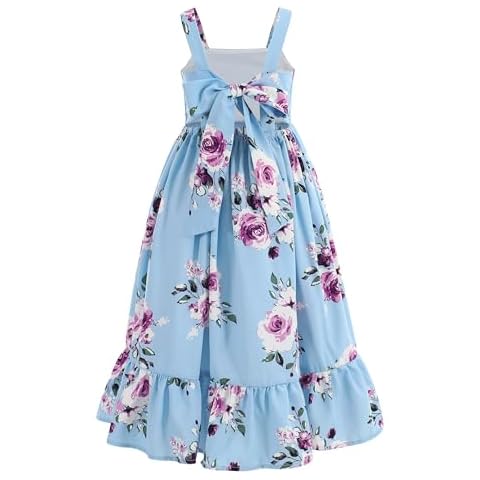 Flofallzique Girls Maxi Dress Summer Vintage Floral Tie Back Kids Birthday Party Boho Beach Dress (10Y, Blue) Cover