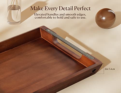Dofira Acacia Wood Serving Tray with Metal Handles, 17x13in Food Drinks Tray for Coffee Table, Breakfast, Dinner & Bar, Rustic Decorative Storage Tray for Ottoman, Kitchen, Elegent Gift Packaging