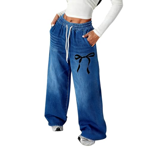 Jean Baggy Enfant Filles Pantalon jogging Filles avec Nœud Pantalon de Survêtement Taille Élastique avec Cordon de Serrage et Poches Jambe Droite Large...