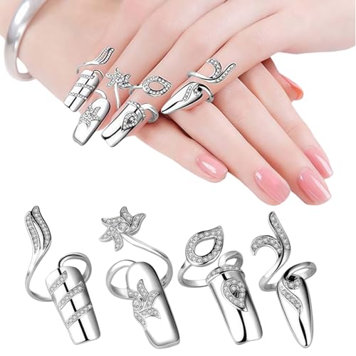 4PCS Fingernail Rings Set Rhinestones Finger Tip Rings Opening Ring Nail Decoration Nail Protecting Fingernail Gift Nail Art Charms Accessories(Silver)