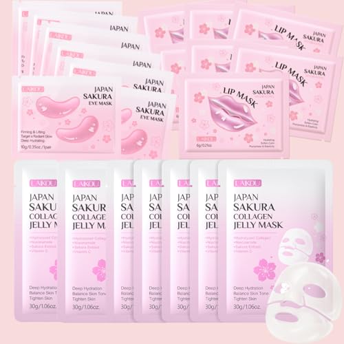 LAIKOU 21 piezas Mascarilla Hidratante Kit, Facial Mascara + Mascarilla Labial + Máscara para los Ojos, para Hidratantes Faciales Reducir Ojeras y Arrugas (Colágeno)