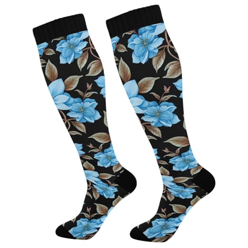 Wassud Light Blue Flowers Compression Socks for Women and Men 20-30 mmHg Knee High Socks for Nurses Travel Socks 2 Pair