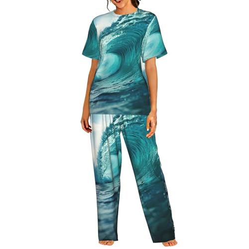 Pyjama à manches courtes pour femme avec imprimé vague vert océan pour l'été