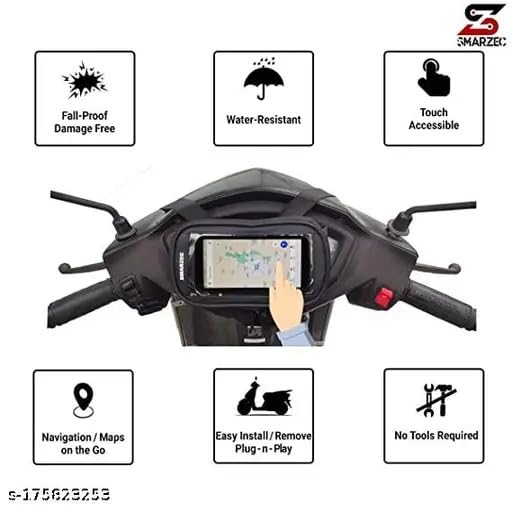 Image of Rhythm :- Polyester Handlebar Universal Mobile Holder Mount Pouch Bag Waterproof for Activa Jupiter EV Ola-S1 Pleasure Ntroq All Scooter Scooty Bike Fit 7 inches Phone (Black)