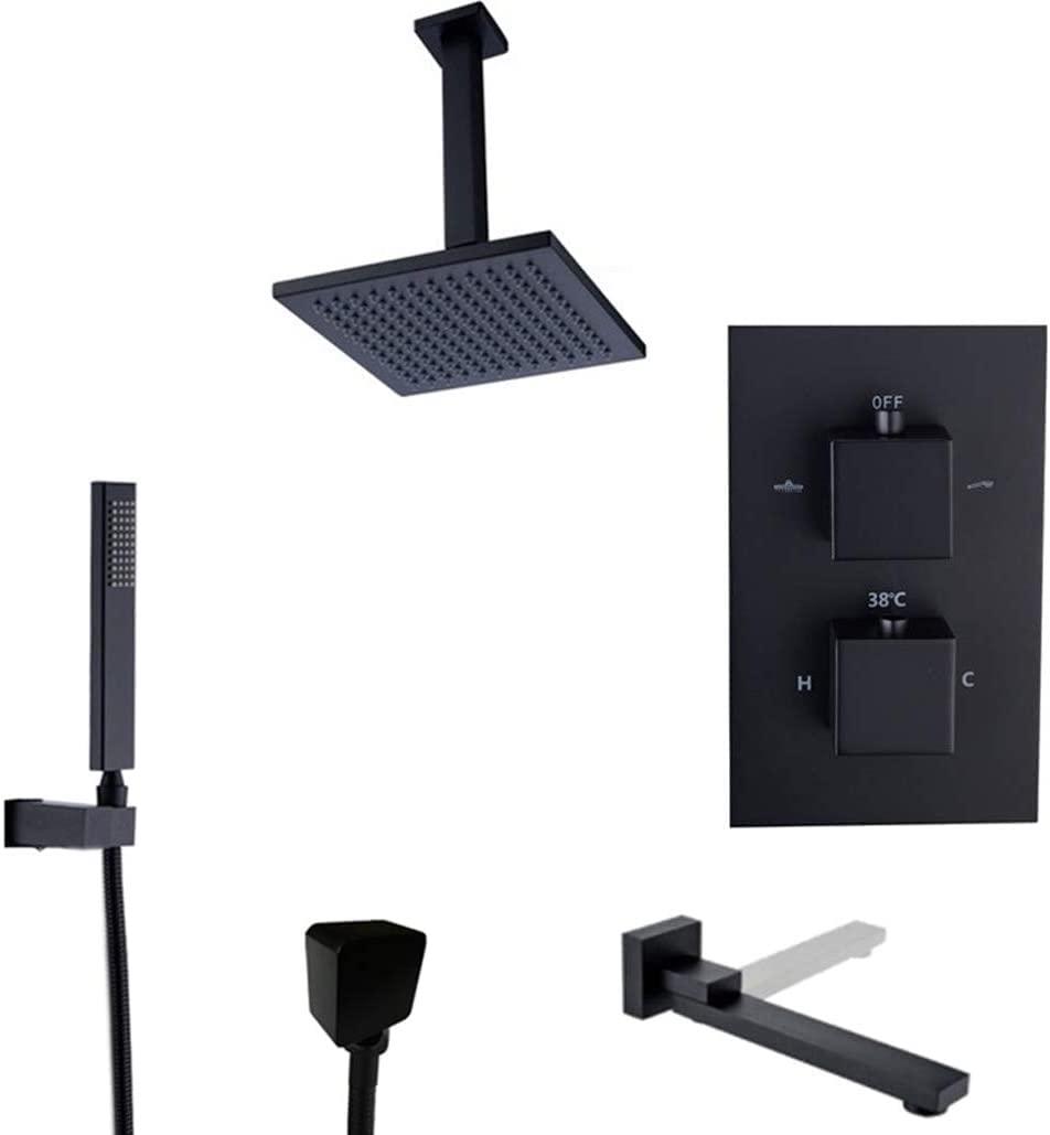 OZBMA shower set system, ceiling mounted thermostatic black brass bathroom rain mixer taps with 8-12" square rainfall head and handheld tub taps, set,1