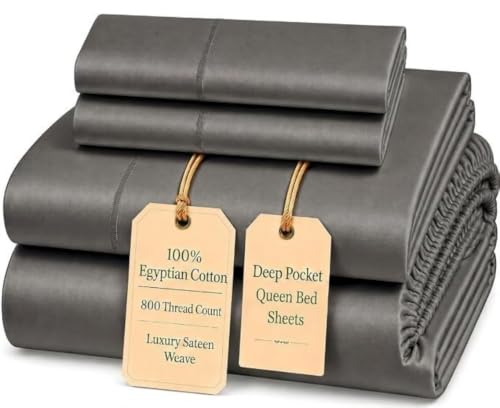 Image of 800TC Queen Sheet Set, Luxury 15 inch Deep Pocket Queen Sheets - Granite Grey | Luxury Egyptian Cotton Cooling Sheets & Pillowcase Sets, No Pill Soft Sateen Weave Bed Sheets Queen Size - OEKO-TEX Certified