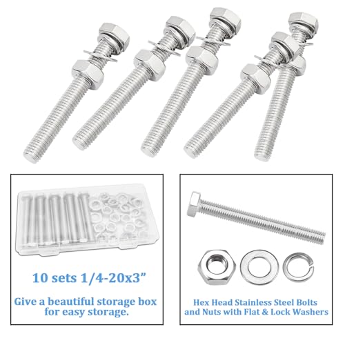 Image of 10 Sets1 /4-20 x 3 inch Stainless Steel Hex Head Screws Bolts, Nuts, Flat & Lock Washers,18-8(304) Full Thread