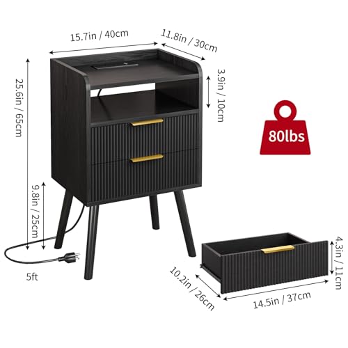Table de chevet LED cannelée noire avec station de charge Fixwal