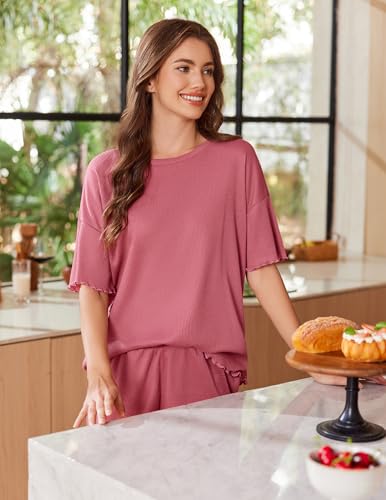 Image of Ekouaer Lounge Sets for Women Waffle Knit Pajama Set Shorts 2 Piece Matching Loungewear Summer Outfits with Pockets