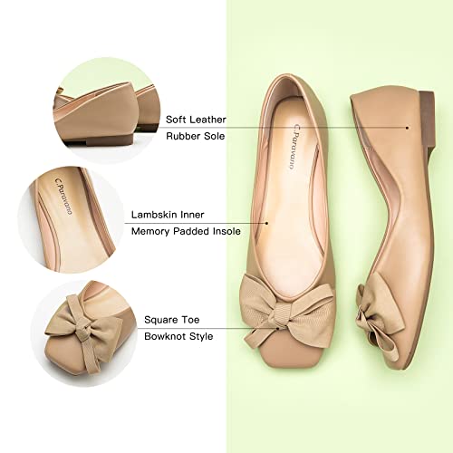 Image of C.Paravano Flats for Women | Ballet Flats | Square Toe | Dressy Casual Shoe | Ballerina Flats, Bow Slip-On, Lambskin Leather Insole, Memory Foam, Low Heel, Office Work,Fashion & Classic & Chic