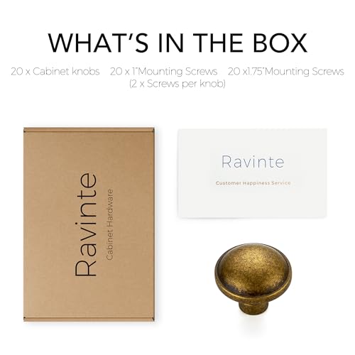 Image of Ravinte 20 Pack 1-1 /4 Inch Diameter Kitchen Cabinet Knobs Antique Brass Dresser Knobs Round Solid Cabinet Drawer Pulls for Kitchen Cupboard Hardware