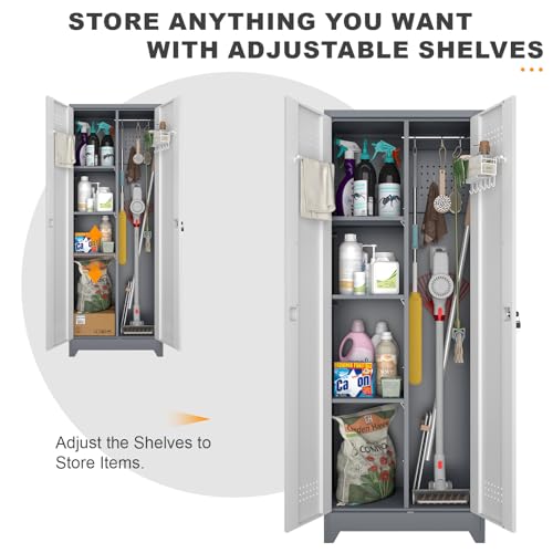 Image of Broom Storage Cabinet, Metal Utility Storage Cabinet with Hanging Rail, 65 inch Tall Cleaning Tool Organizer with Shelves and Doors, Cleaning Storage for Home, Garage, Office, Balcony