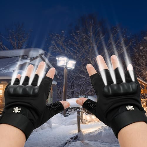 Pair LED Flashlight Gloves Hands Free Lighted Half Finger Gloves with 8 LEDs for Men Fishing Running Camping Hiking Repairing