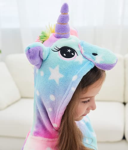 Chetosho Soft Unicorn Hooded Robe With Matching Slippers Headband And Blindfold For Girls - Pink/Blue Stars 5-6 Years #TOP3