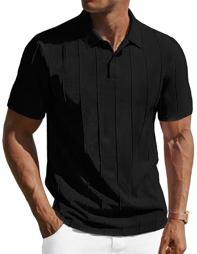 PJ PAUL JONES Mens Knit Polo Shirts Short Sleeve Stretchy Textured Polos Casual Vacation Dress Golf Shirt Black L