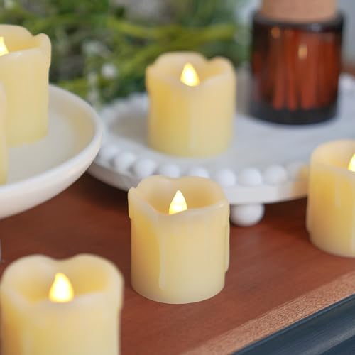 Festive Lights - Set of 6 Cream Real Wax Mini Tea Light Candles - Warm White Flickering LEDs, Dripping Tear Effect, Batteries Included - Indoor Home, Wedding, Event Decor, Flameless Mood Lighting