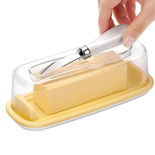 Fourmor Mantequera hermética con tapa y cuchillo mantiene la mantequilla fresca y la recoge fácilmente - Mantequera de encimera - Recipiente para mantequilla en el frigorífico