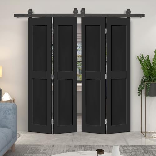 60 in. x 80 in. 2 Panel Shaker Hollow Core Black Composite Double Bi-Fold Door with Barn Door Hardware Kit by CALHOME - Image 4