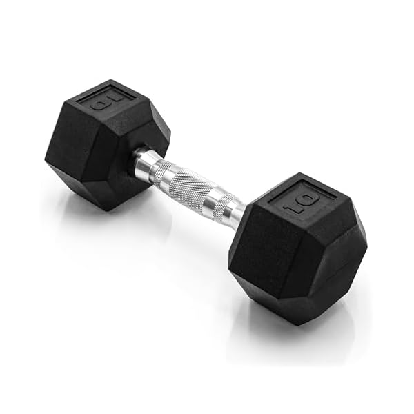 CAP Rubber Coated Dumbbell Weights, Free Weights for Home Gym Strength Training, Anti-Roll Hex Dumbbells with Black, Chrome & Comfort Grip Handles, Singles