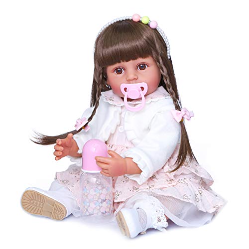 Reborn Baby Dolls Vinyl Full Body Tan Skin African American 22 inches Realistic Black Biracial Girl Reborn Toddler Doll Long Hair with Beautiful Dress Accessories for Birthday Xmas Gifts Set