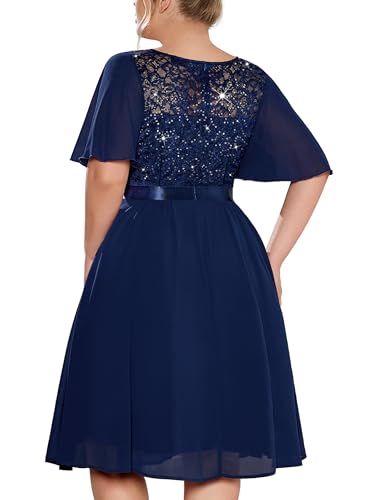 MISSMAY Women's Plus Size V-Neck Sequin Floral Lace Ruffle Style Cocktail Dress for Wedding Guest2