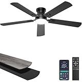 Ohniyou Ceiling Fans with Lights, 52 Inch Low Profile Ceiling Fan with Light and Remote/APP Control, Flush Mount, Dimmable, Qiuet DC Motor, Black Ceiling Fan for Bedroom, Living Room