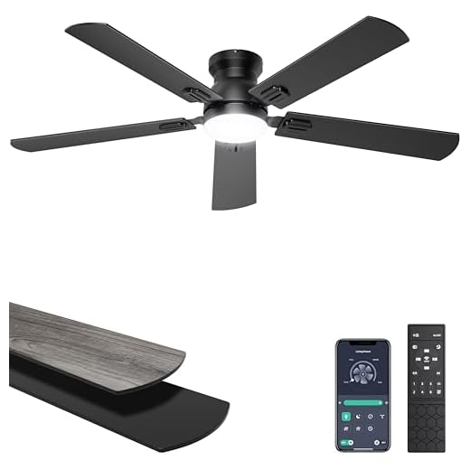 Ohniyou Ceiling Fans with Lights, 52 Inch Low Profile Ceiling Fan with Light and Remote/APP Control, Flush Mount, Dimmable, Quiet DC Motor, Black Ceiling Fan for Bedroom, Living Room