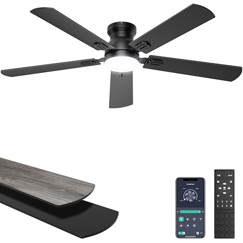Ohniyou Ceiling Fans with Lights, 52 Inch Low Profile Ceiling Fan with Light and Remote/APP Control, Flush Mount, Dimmable, Qiuet DC Motor, Black Ceiling Fan for Bedroom, Living Room