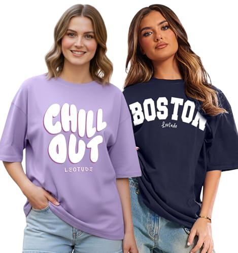 Image of LEOTUDE Womens Oversized Round Neck Cottonblend Half Sleeve T-Shirts (Colour: Multicolor)
