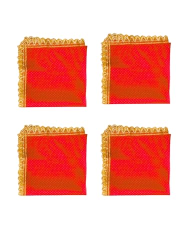 Set of 4 Puja Chunari Chunni Netted Cloth (20\ x 12\) Chunar Aasan Mat for God Idol Temple Frame Lakshmi Puja Navratri Diwali Pooja Mandir Cloth for Indian Traditional Festival Housewarming Decor(Red)