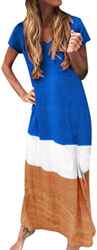 2019 New Womens Casual Breathable Loose Soft Long Dress,Outdoor Tie-Dyed Block Loose V Neck Short Sleeve Maxi Linen Dress (Blue, S)