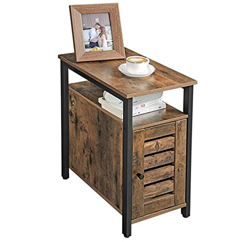 Industrial Rustic Wood/Steel Narrow End Sofa Side Table Shelf With Shutter Door Storage Bedside Nightstand, End Table with Storage, Table for Home Bedroom Living Room Rustic Brown Shutter Door